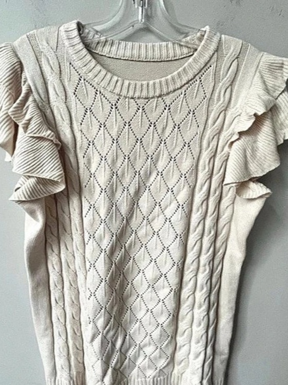 Cicibird Womens Ruffle Sleeve Cable Knit Pointelle Sweater Top Small Cream NWT